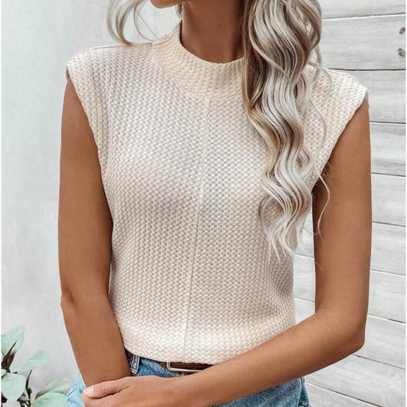 Tops - Classic Waffle Mock Cowl Neck Cap Sleeve Work Office Casual Top Blouse Shirt